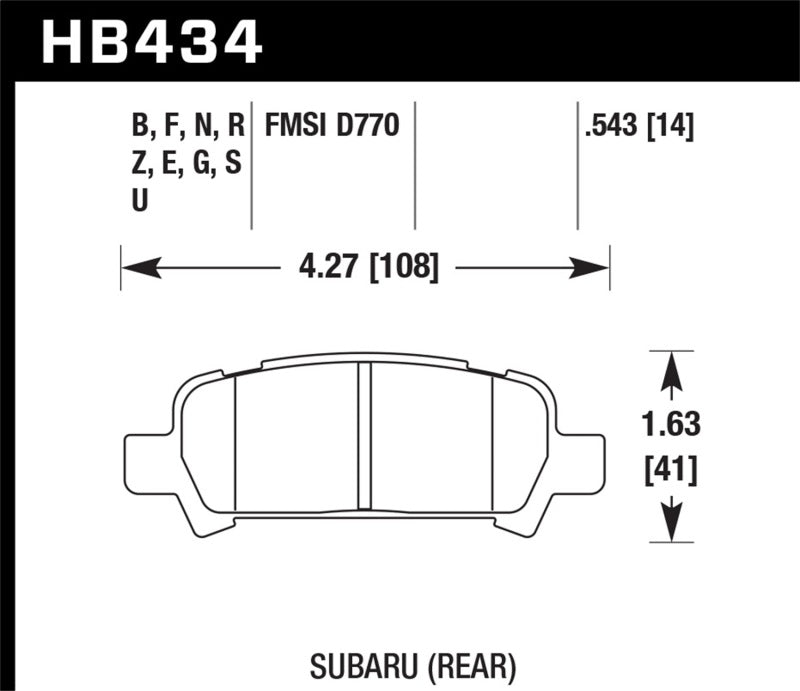 Hawk 02-03 WRX / 05-08 LGT D770 HP+ Street Rear Brake Pads - HB434N.543 for 2000-2009 Subaru Legacy - angle view