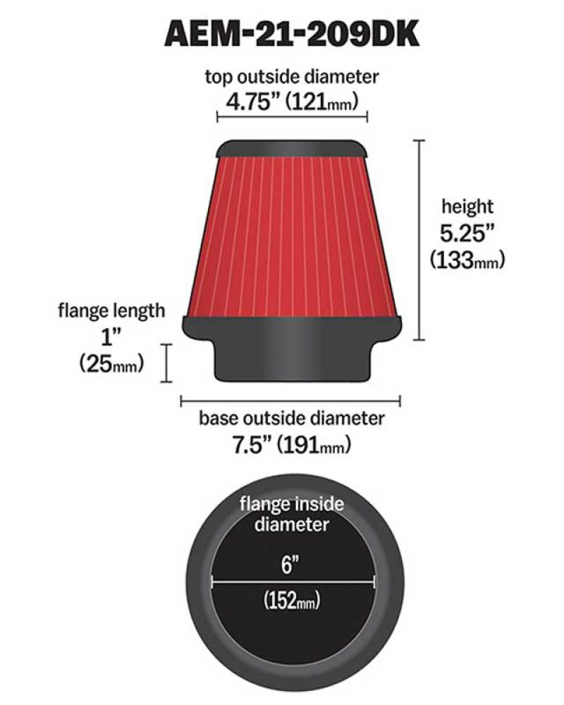 AEM 6 inch x 5 inch DryFlow Conical Air Filter - 21-209DK