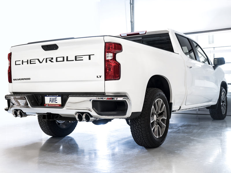 AWE Tuning 4th Gen GM 1500 5.3L 0FG Catback Split Rear Exit (w/ Bumper Cutouts) - Quad Chrome Tips - 3015-42201