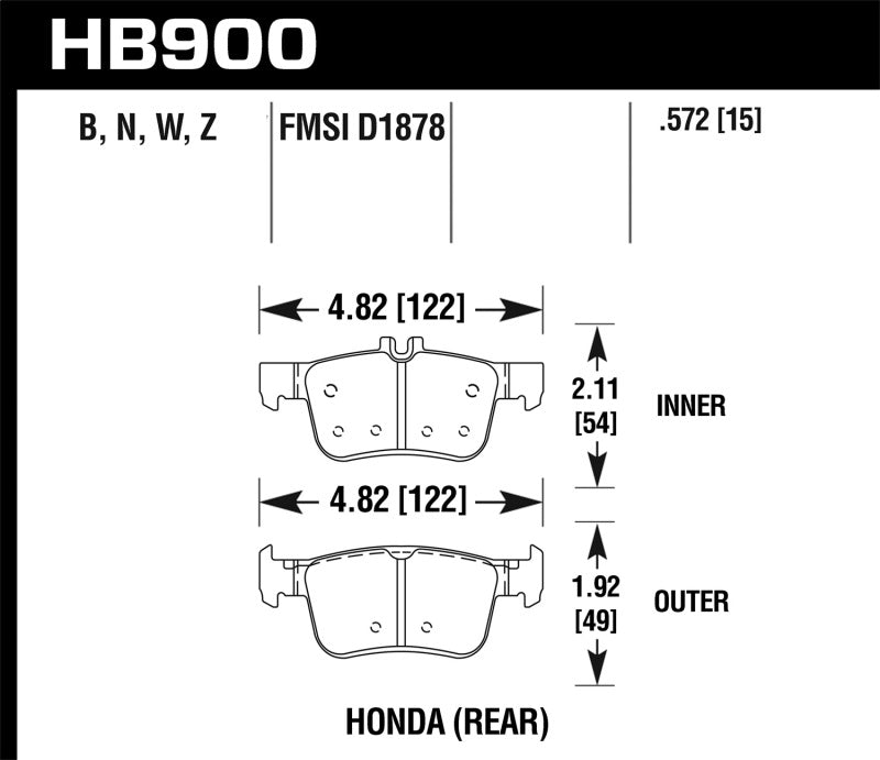 Hawk 16-19 Honda Civic (Excludes Si and Type R) HP+ Street Rear Brake Pads - HB900N.572 for 2017-2021 Honda Civic Si - angle 
