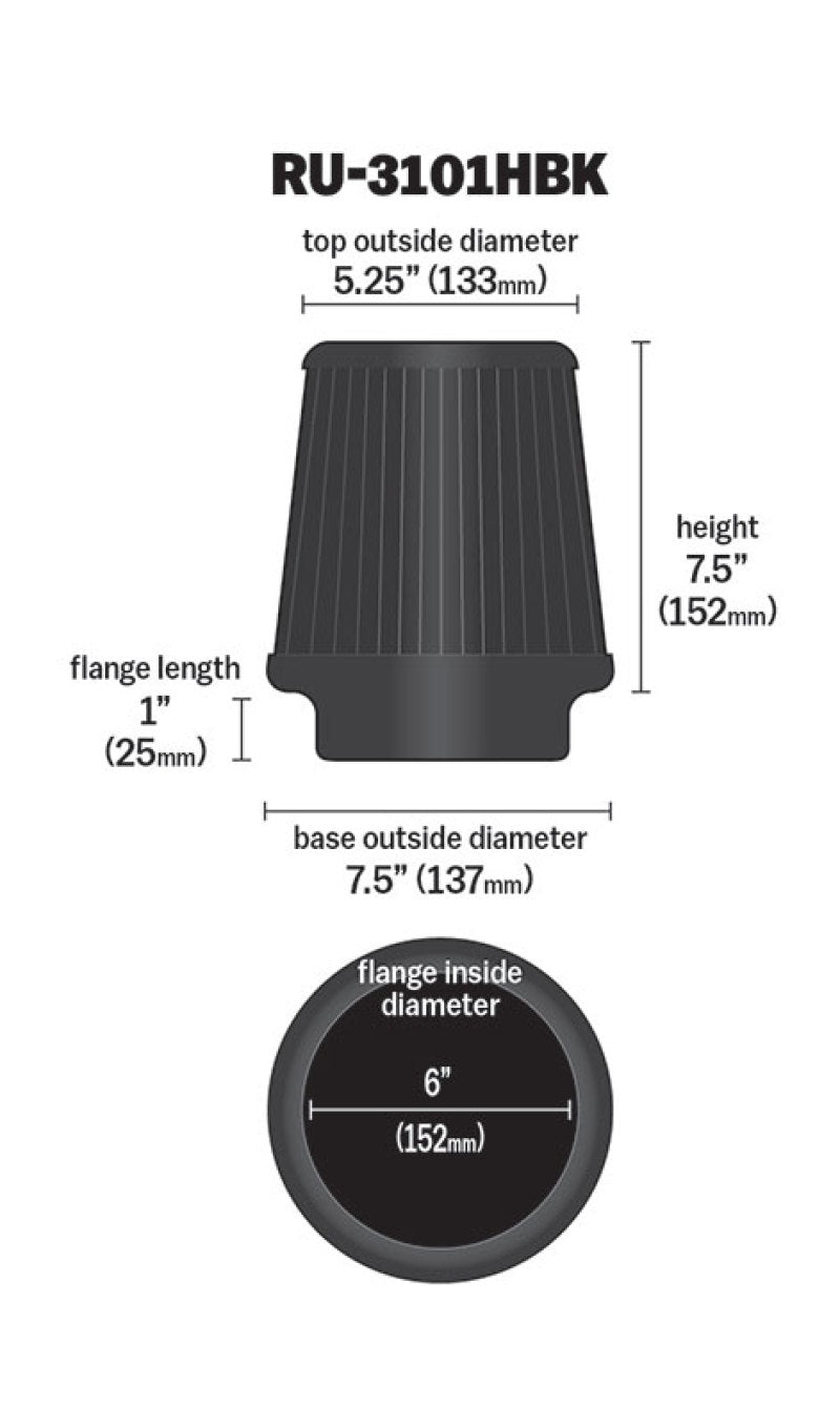K&amp;N Universal Rubber Filter Round Tapered 6in Flange ID x 7.5in Base OD x 5.25in Top OD x 8in Height - RU-3101HBK