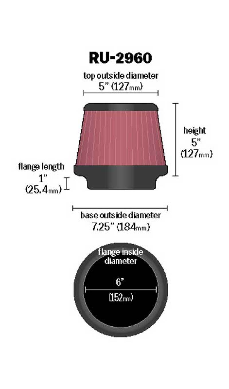 K&amp;N Universal Tapered Filter 6in Flange ID x 7.5in Base OD x 5in Top OD x 5in Height - RU-2960