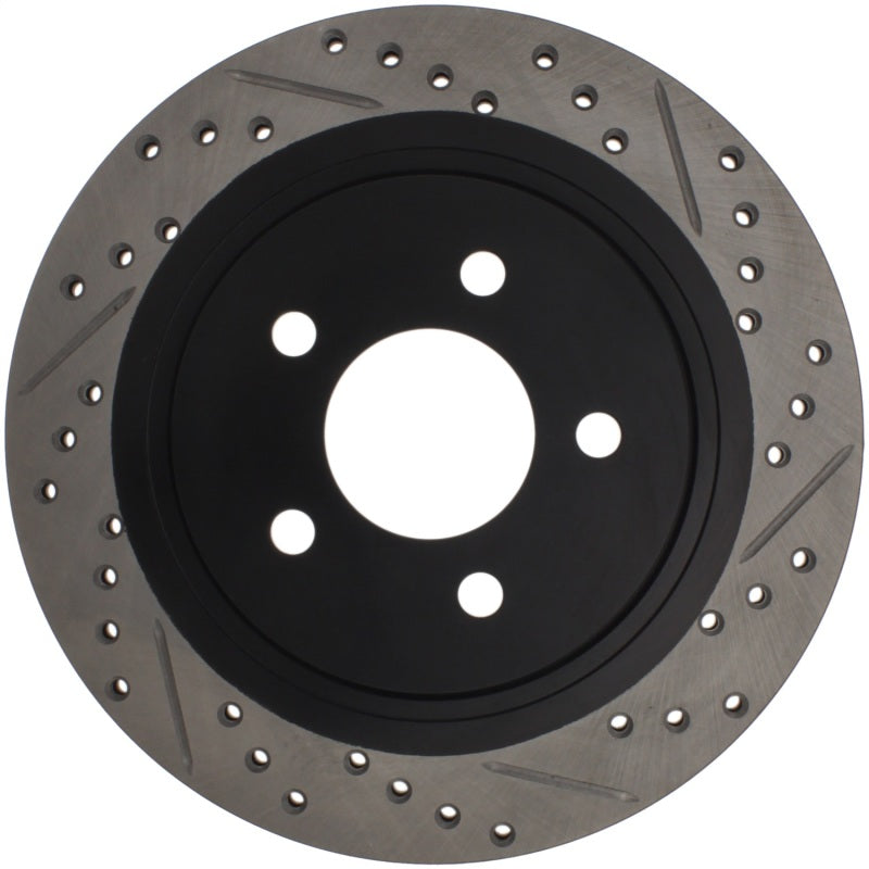 StopTech 05-10 Ford Mustang Slotted & Drilled Left Rear Rotor - 127.61087L for 2005-2014 Ford Mustang - front view