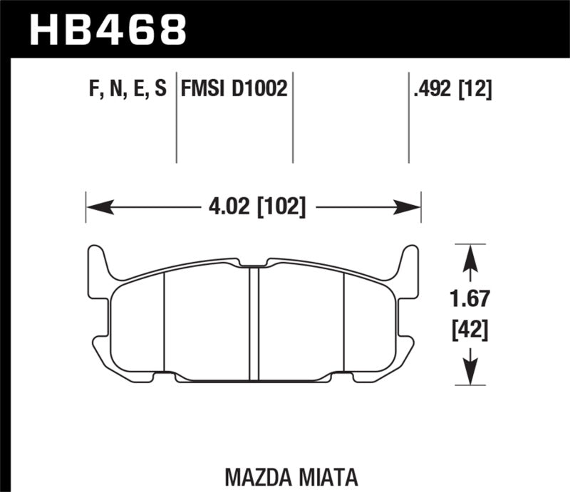 Hawk 03-05 Miata w/ Sport Suspension HPS Street Rear Brake Pads (D1002) - HB468F.492 for 2004-2005 Mazda Miata - angle view