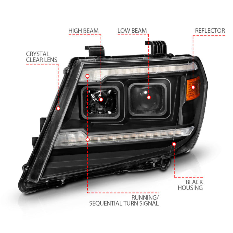 ANZO 09-20 Nissan Frontier Black Projector Plank Style DRL w/ Switchback &amp; Sequential LED DRL - 111597