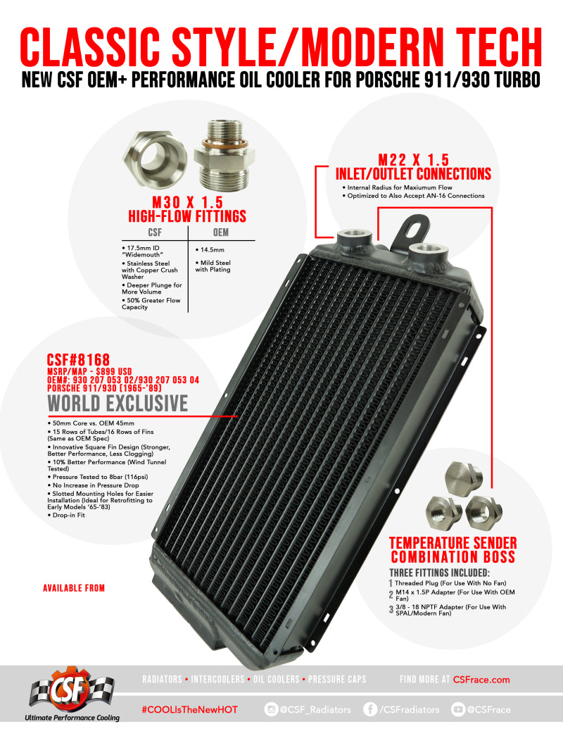 CSF 65-89 Porsche 911 / 930 OEM+ High-Performance Oil Cooler - 8168