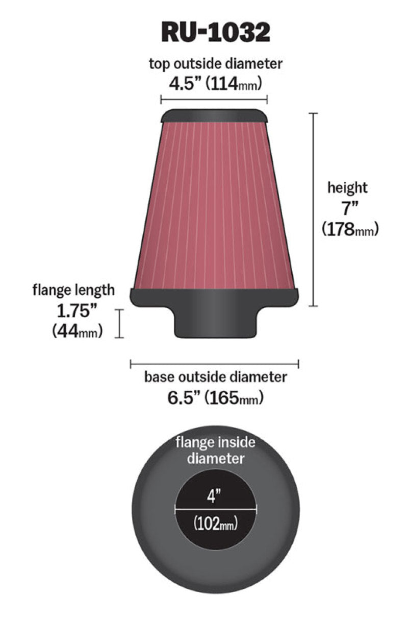 K&N Universal Clamp-On Air Filter 4in FLG / 6-1/2in B / 4-1/2in T / 7in H - RU-1032 for 1988-1995 Chevrolet C1500 - detail vi