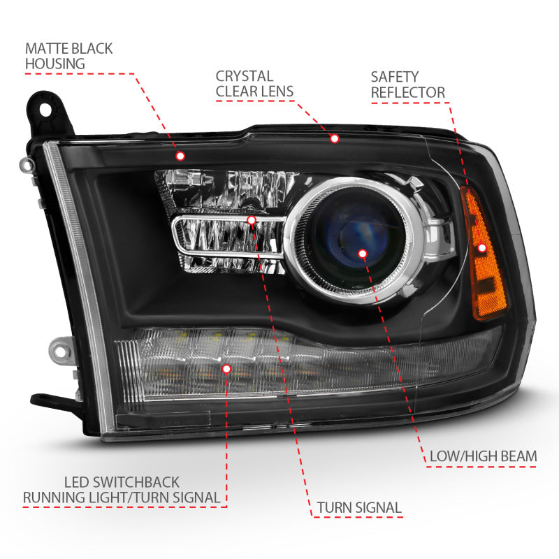 ANZO 2009-2018 Dodge Ram 1500 Projector Headlights Plank Style Halo w/Switchback Matte Black - 111489