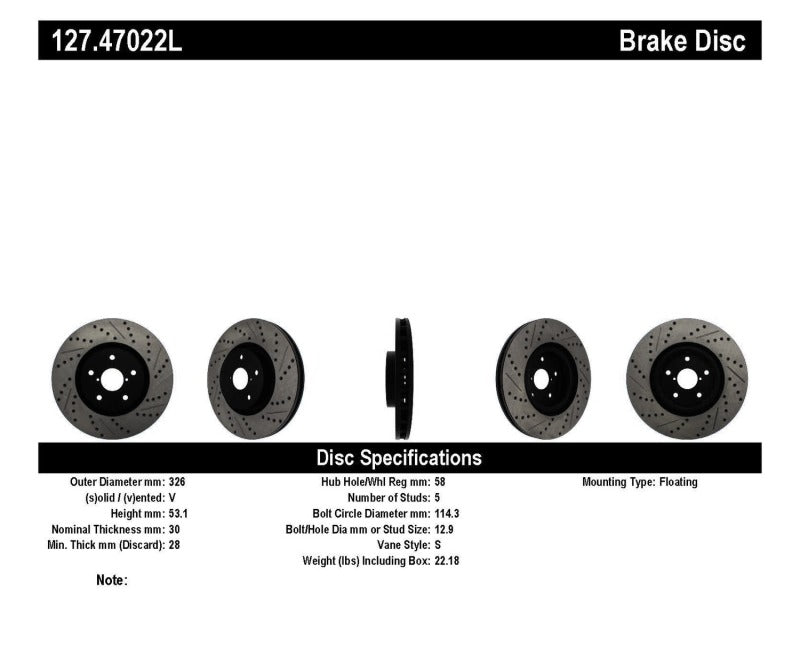 StopTech 05-10 Subaru Impreza WRX/STi Slotted & Drilled Left Front Rotor - 127.47022L for 2005-2014 Subaru Impreza - side vie