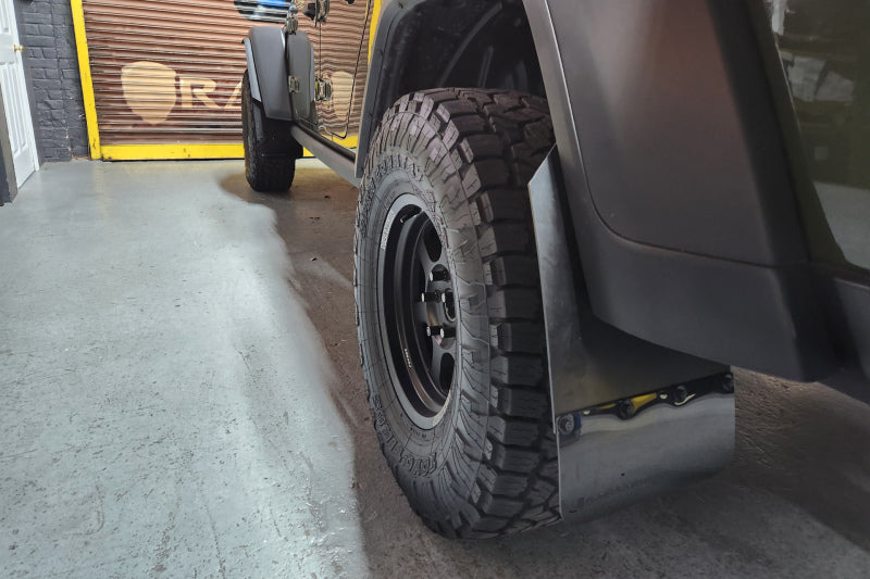 Rally Armor 19-23 Jeep JT Gladiator Mojave/Rubicon Black Mud Flap w/ Metallic Black Logo - MF104-BLK-MBK