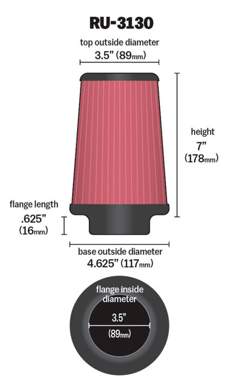 K&N Filter Universal Rubber Filter 3 1/2 inch Flange 4 5/8 inch Base 3 1/2 inch Top 7 inch Height - RU-3130 by K&N Engineerin
