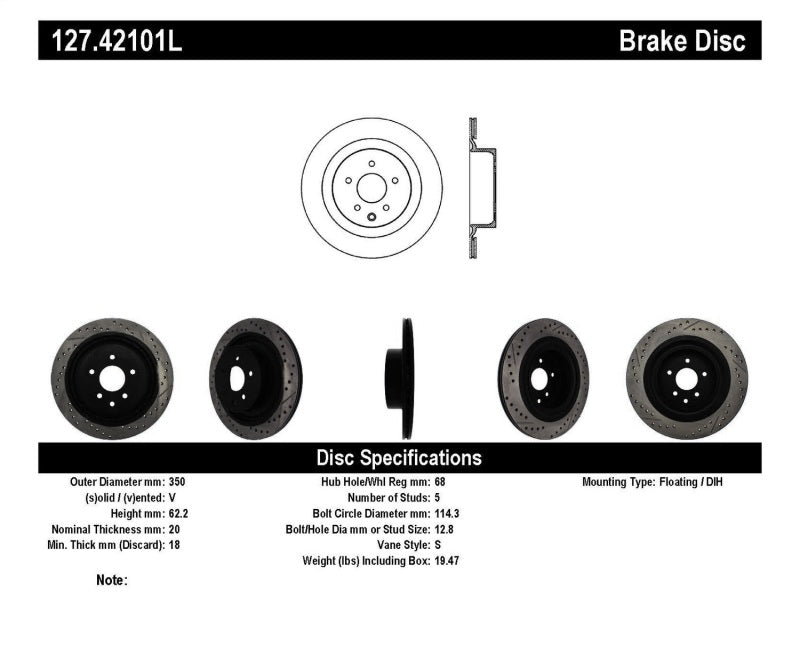 StopTech Infiniti G37 / Nissan 370Z SportStop Slotted &amp; Drilled Rear Left Rotor - 127.42101L
