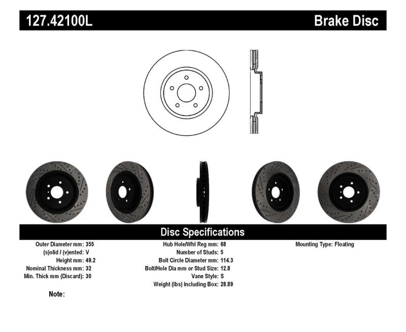 StopTech Infiniti G37 / Nissan 370Z SportStop Slotted &amp; Drilled Front Left Rotor - 127.42100L