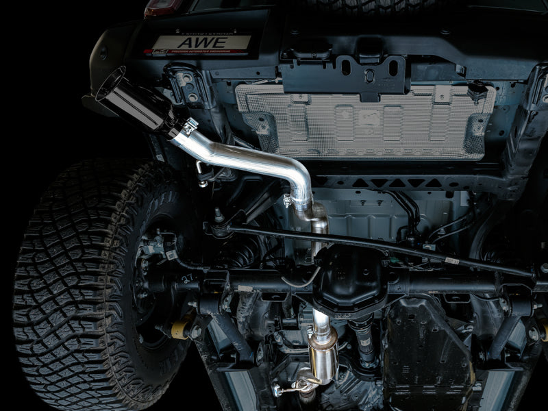 AWE Tuning 2021+ Ford Bronco 0FG Single Rear Exit Exhaust w/Diamond Black Tip &amp; Bash Guard - 3015-23789