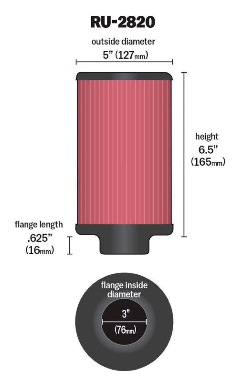 K&amp;N Filter 3 inch Flange 5 inch OD 6 1/2 inch Height - RU-2820