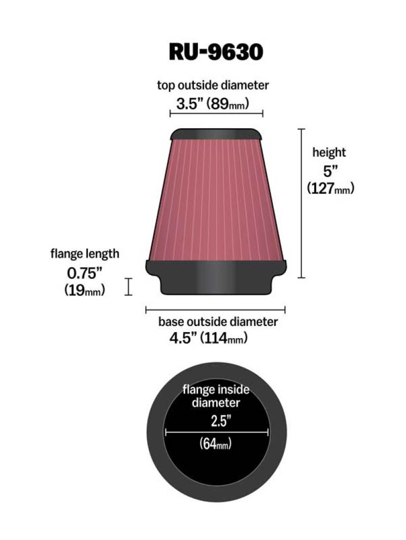 K&amp;N Universal Tapered Filter 2.5in Flange ID x 4.5in Base OD x 3.5in Top OD x 5in Height - RU-9630