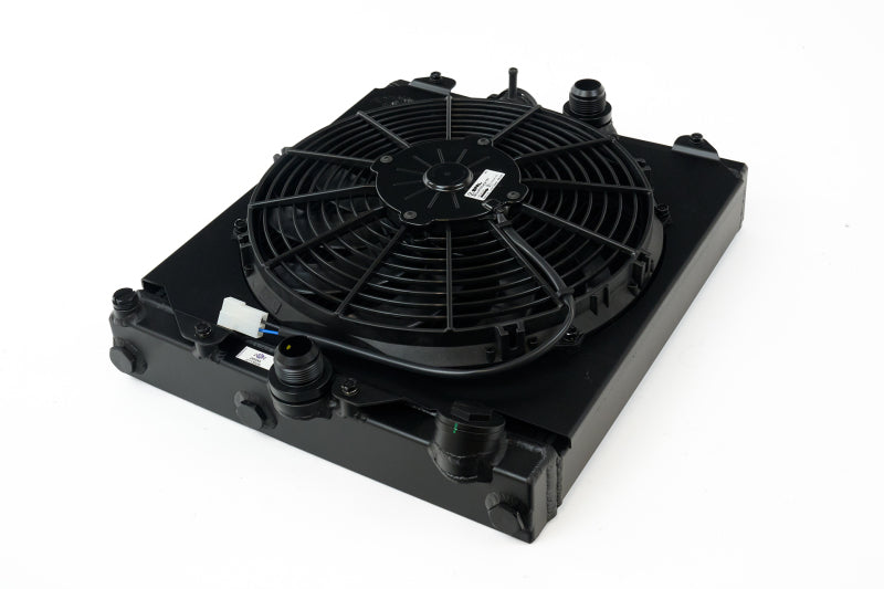 CSF Universal Half Radiator w/-16AN &amp; Slip-On Fittings/12in SPAL Fan &amp; Shroud - Black Finish - 2858XB