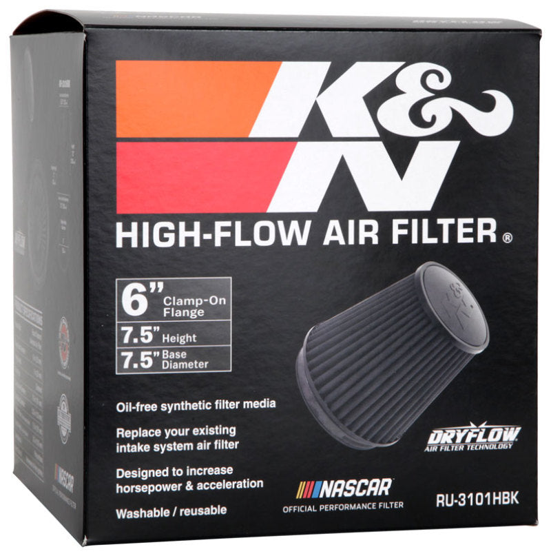 K&amp;N Universal Rubber Filter Round Tapered 6in Flange ID x 7.5in Base OD x 5.25in Top OD x 8in Height - RU-3101HBK