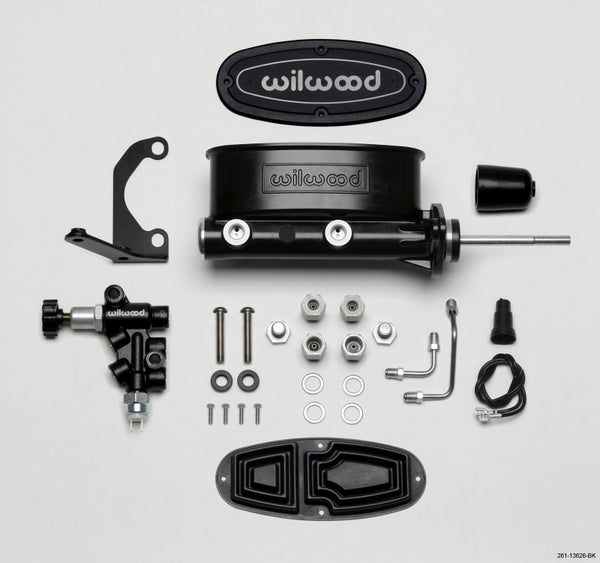 Wilwood HV Tandem M/C Kit w L/H Bracket & Prop Valve - 15/16in Bore Black-W/Pushrod - 261-13626-BK by Wilwood - front view