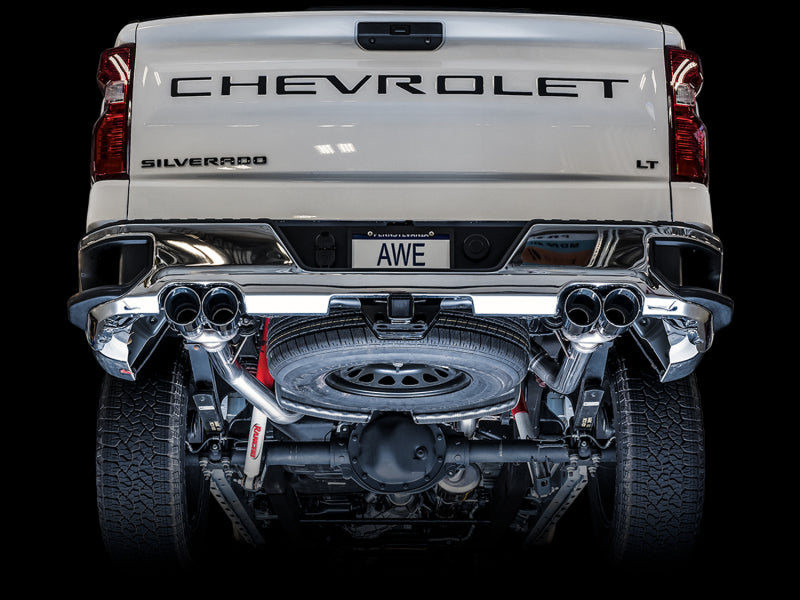 AWE Tuning 4th Gen GM 1500 5.3L 0FG Catback Split Rear Exit (w/ Bumper Cutouts) - Quad Chrome Tips - 3015-42201