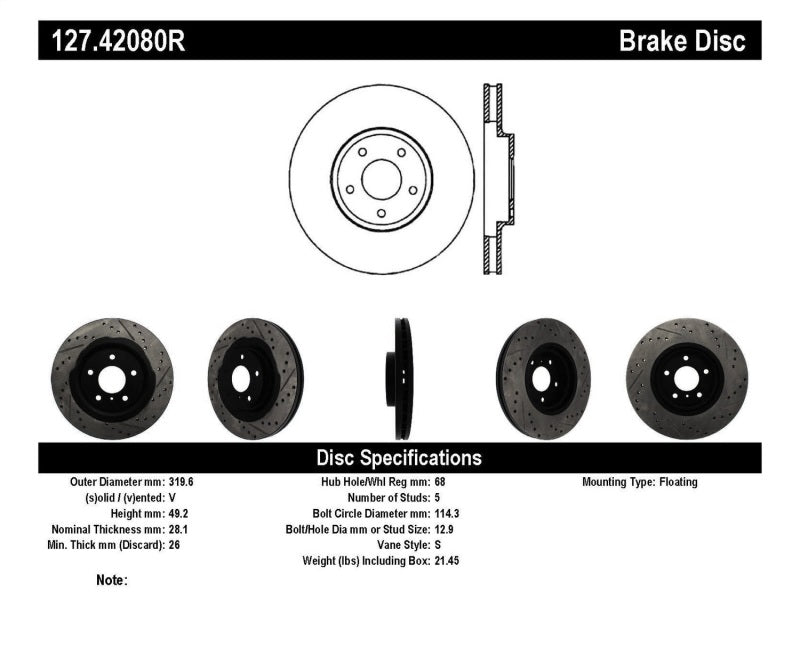 StopTech 06-07 350Z / 05-07 G35 exp Sport/ 06-07 G35X SportStop Slotted &amp; Drilled Front Right Rotor - 127.42080R