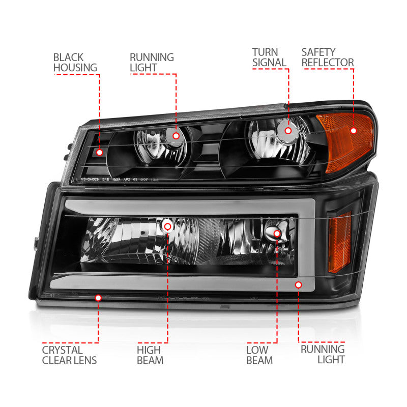 ANZO 04-12 GM Colorado/Canyon/I-Series Crystal Headlights - w/ Light Bar Black Housing 4pcs - 111558