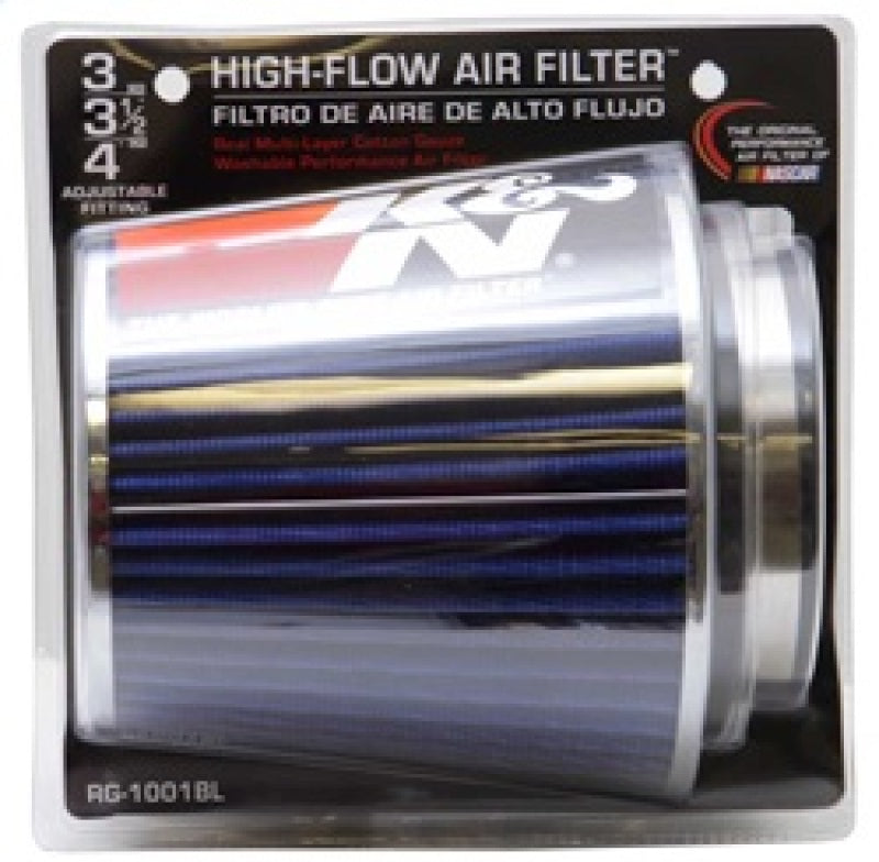 K&N Universal Air Filter Chrome Round Tapered Blue - 4in Flange ID x 1.125in Flange Length x 5.5in H - RG-1001BL