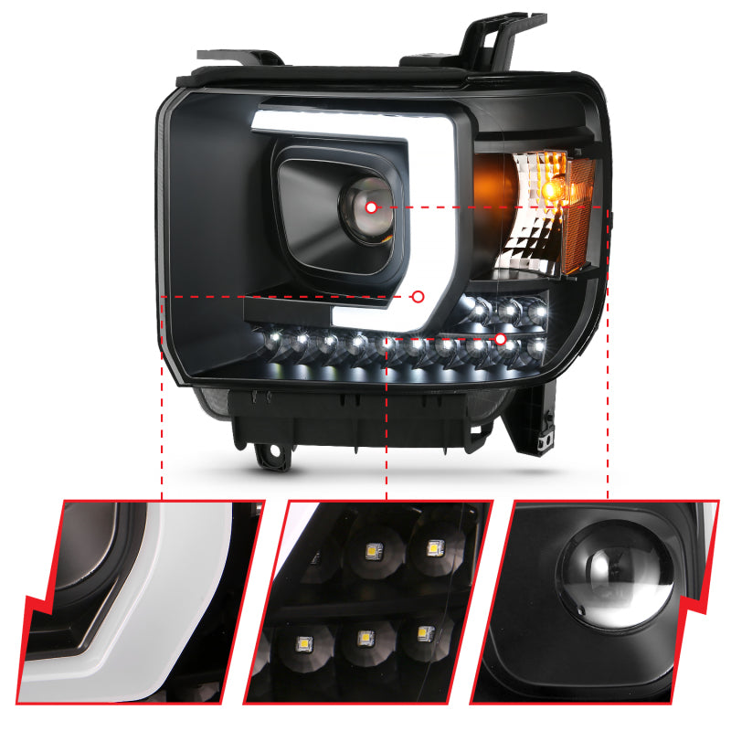 ANZO 2014-2015 Gmc Sierra 1500HD Projector Plank Style Headlight Black W/ Drl - 111450