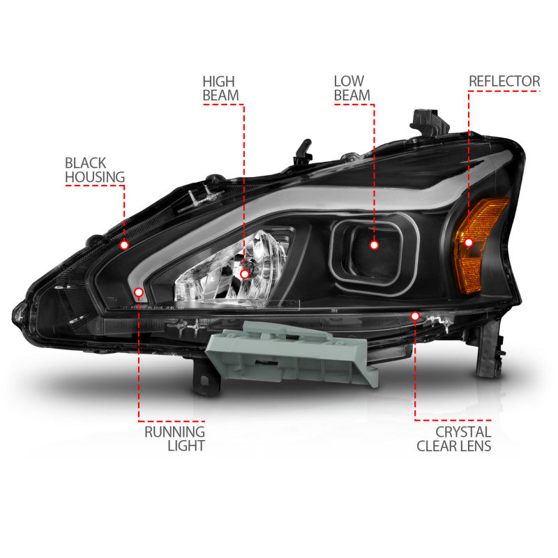 ANZO 13-15 Nissan Altima (w/o Factory HID Bulbs) Projector Headlights - w/ Light Bar Black Housing - 121569