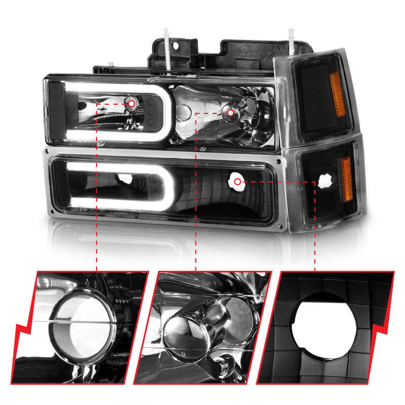 ANZO 88-98 Chevrolet C1500 Crystal Headlights w/ Light Bar Black Housing w/ Signal Side Markers 8Pcs - 111528