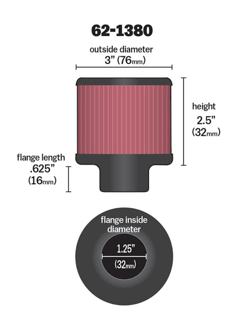 K&N 1.25in Flange ID x 3in OD x 2.5 inch H Rubber Base Crankcase Vent Filter - 62-1380 by K&N Engineering - angle view