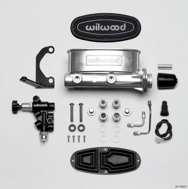 Wilwood HV Tandem M/C Kit w L/H Bracket & Prop Valve - 1in Bore Ball Burnished - 261-13269-P by Wilwood - front view