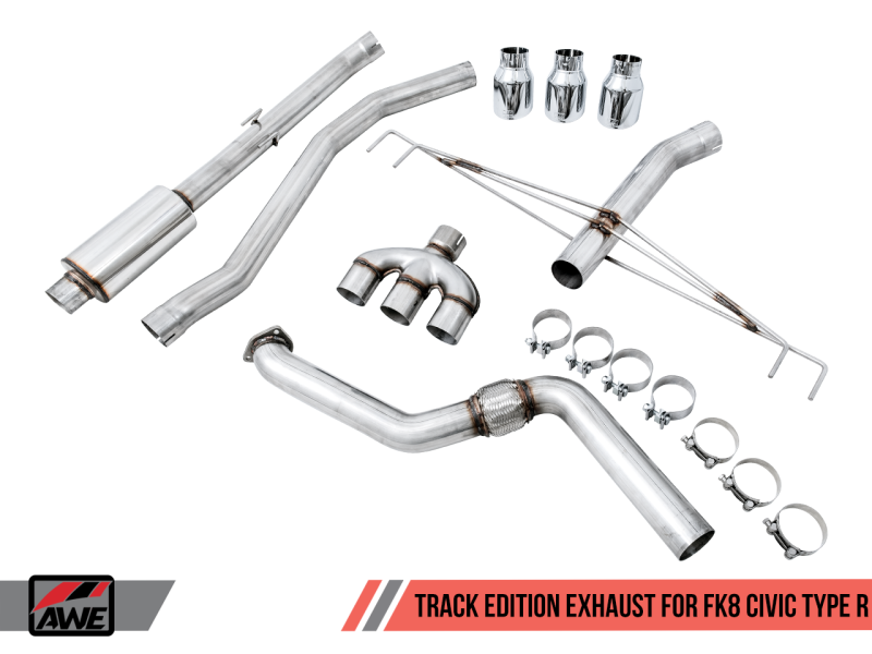 AWE Tuning 2017+ Honda Civic Type R Track Edition Exhaust w/Front Pipe &amp; Triple Chrome Silver Tips - 3020-52000