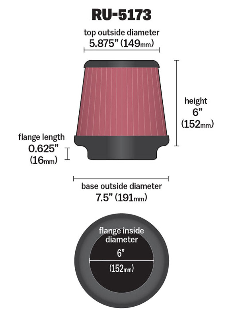K&amp;N Universal Clamp-On Air Filter 6in FLG / 7-1/2in B / 5-7/8in T / 6in H - RU-5173