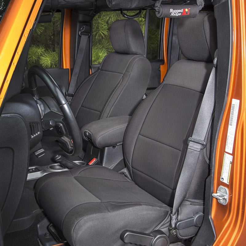 Rugged Ridge Neoprene Front Seat Covers 11-18 Jeep Wrangler JK - 13215.01 for 2007-2018 Jeep Wrangler - angle view