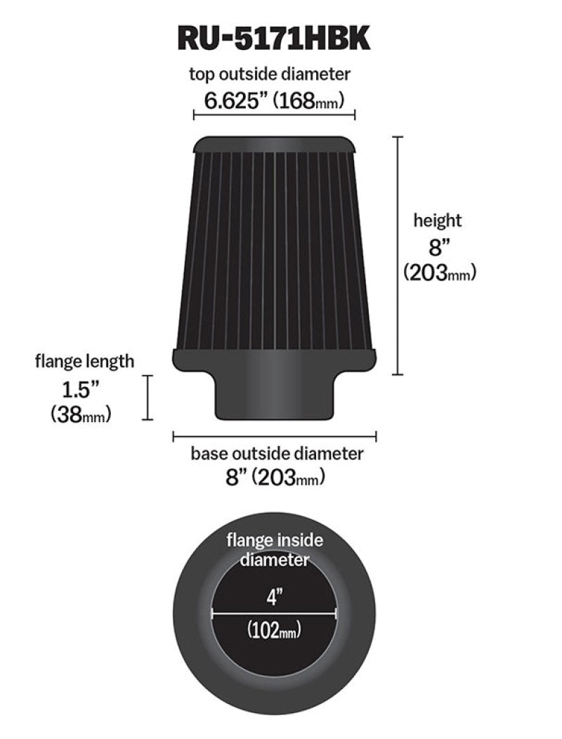 K&N Universal Rubber Filter-Round Tapered 4in Flange ID x 8in Base OD x 6.625in Top OD x 8in H - RU-5171HBK for 2003-2009 Dod