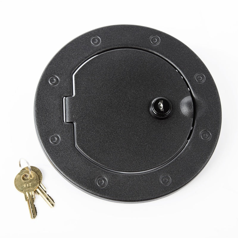 Rugged Ridge 07-18 Jeep Wrangler JK Textured Black Locking Gas Cap Door - 11229.06 for 2007-2018 Jeep Wrangler - front view