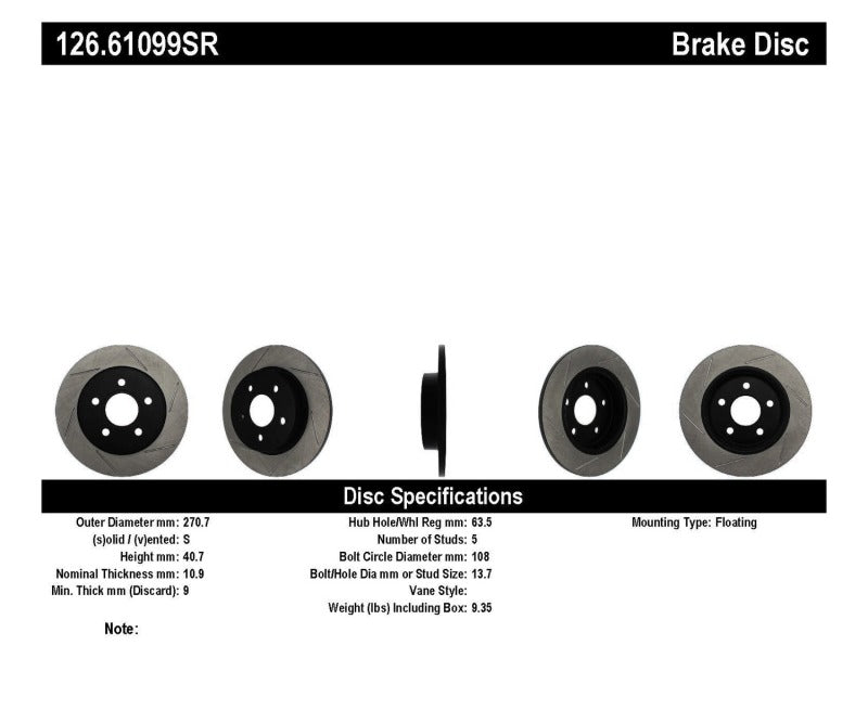 StopTech 13+ Ford Focus ST Slotted Rotor - Rear Right - 126.61099SR