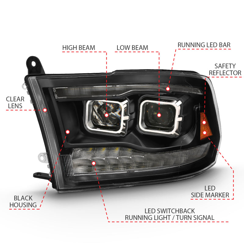 ANZO 2009-2018 Dodge Ram 1500 Projector H.L. Switchback Black Amber - 111441