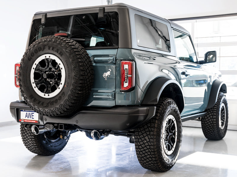 AWE Tuning 2021+ Ford Bronco 0FG Dual Rear Exit Exhaust w/Chrome Silver Tips &amp; Bash Guard - 3015-32456