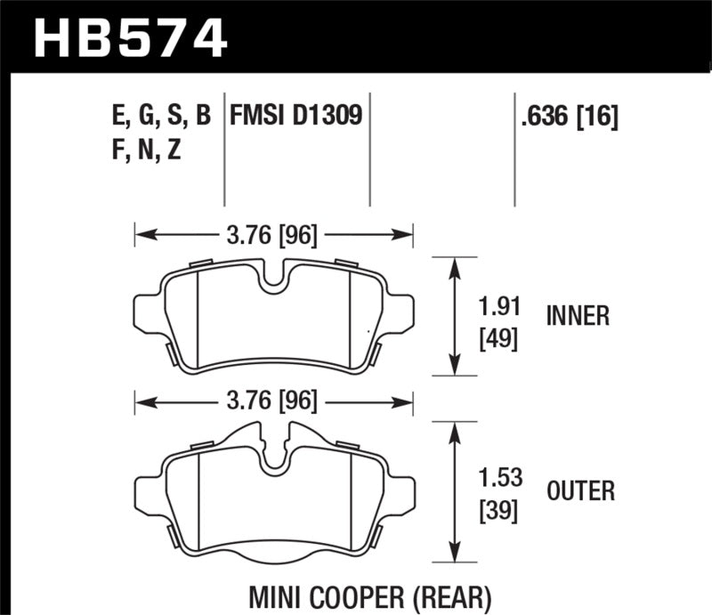 Hawk 07+ Mini Cooper HPS Street Rear Brake Pads - HB574F.636 for 2006-2015 Mini Cooper - detail view