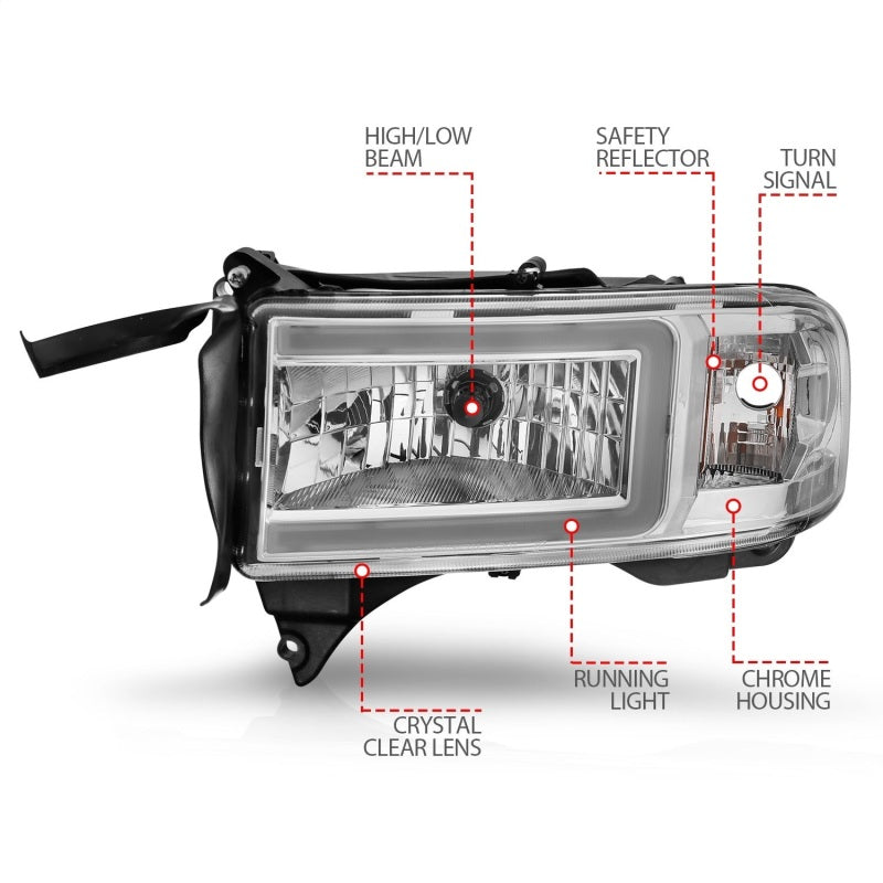 ANZO 94-02 Dodge RAM Crystal Headlight - w/ Light Bar Chrome Housing - 111555