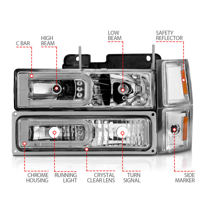 ANZO 88-98 Chevrolet C1500 Crystal Headlights w/Light Bar Chrome Housing w/ Signal Side Markers 8Pcs - 111529
