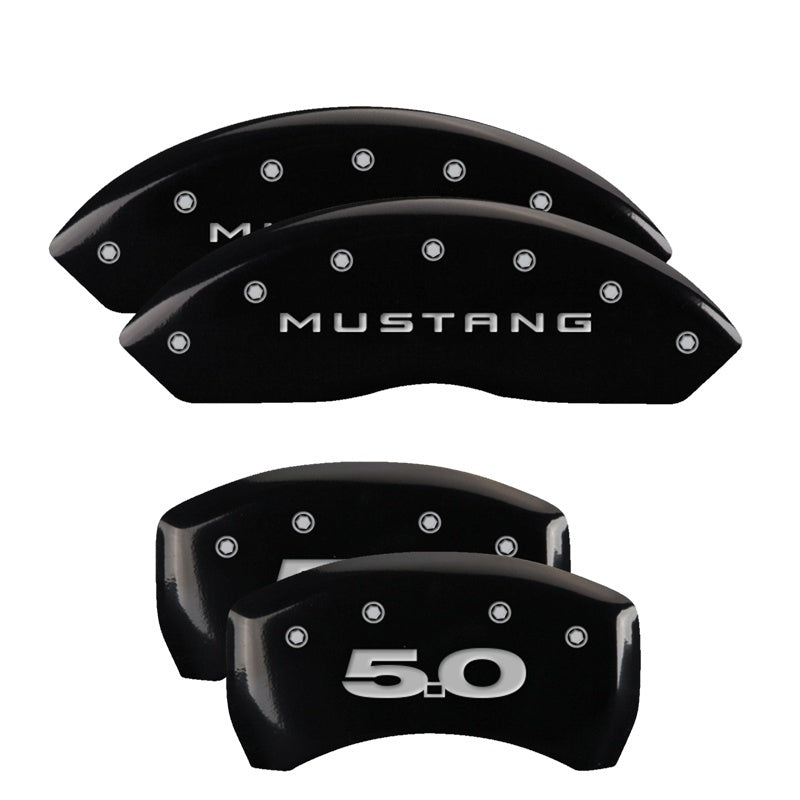 MGP 4 Caliper Covers Engraved Front Mustang Engraved Rear 50 Black finish silver ch - 10198SM50BK for 2005-2014 Ford Mustang 