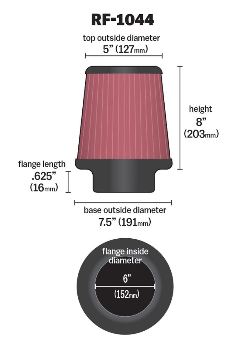 K&amp;N Round Tapered Universal Air Filter 6 inch Flange 7.5 inch Base 5 inch Top 8 inch Height - RF-1044