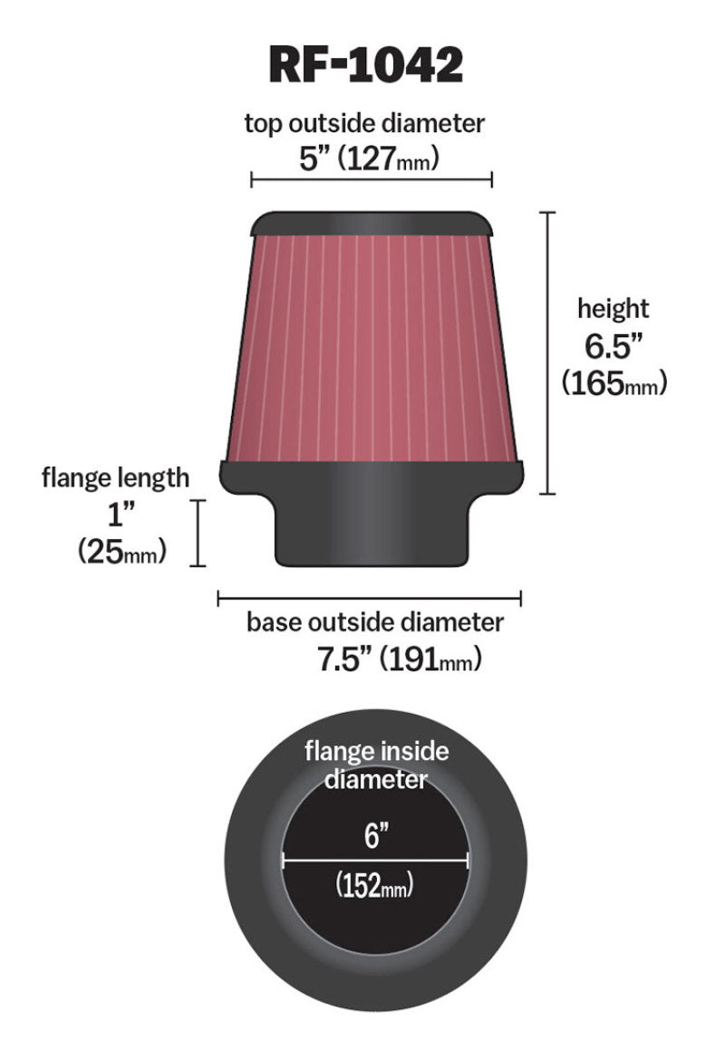 K&amp;N Round Tapered Universal Air Filter 6in Flange ID x 7.5in Base OD x 5in Top OD x 6.5in Height - RF-1042