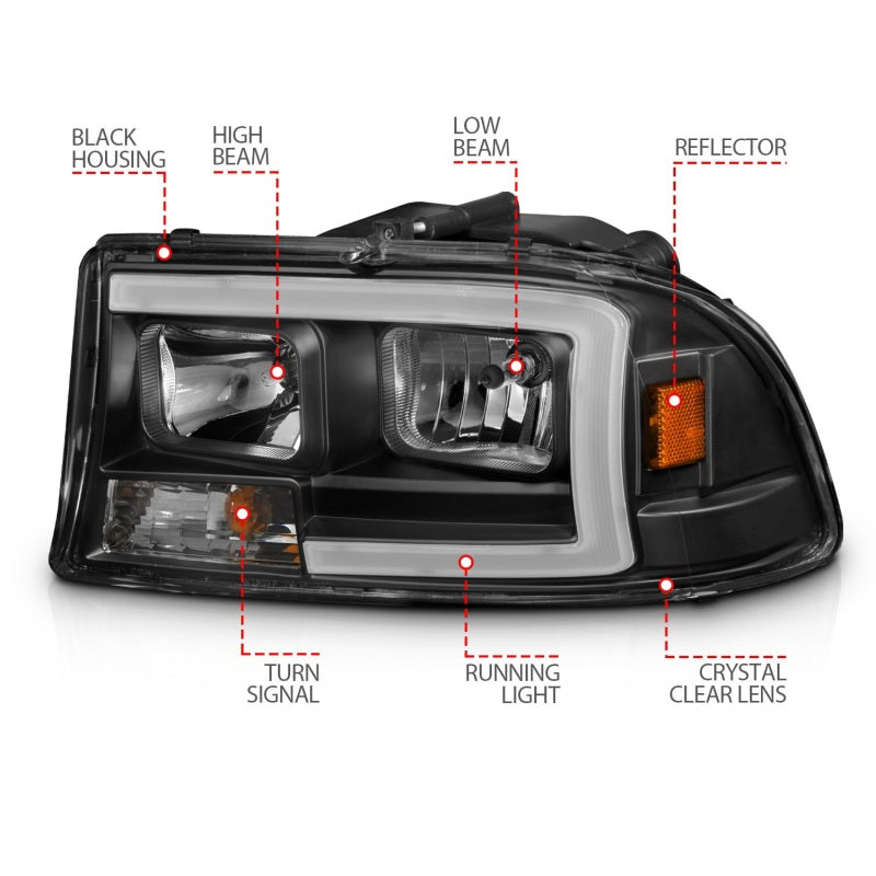 ANZO 97-04 Dodge Dakota/Durango Crystal headlight Set w/ Light Bar Black Housing - 111591