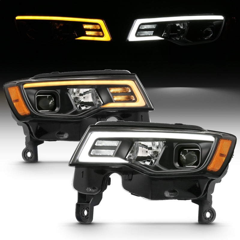 ANZO 2017-2018 Jeep Grand Cherokee Projector Headlights w/ Plank Style Switchback - Black w/ Amber - 111418