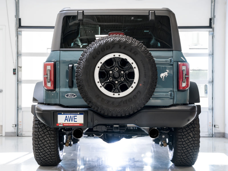 AWE Tuning 2021+ Ford Bronco 0FG Dual Rear Exit Exhaust w/Diamond Black Tips &amp; Bash Guard - 3015-33456