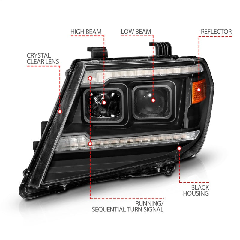 ANZO 09-20 Nissan Frontier Black Projector Plank Style DRL w/ Switchback &amp; Sequential LED DRL - 111597